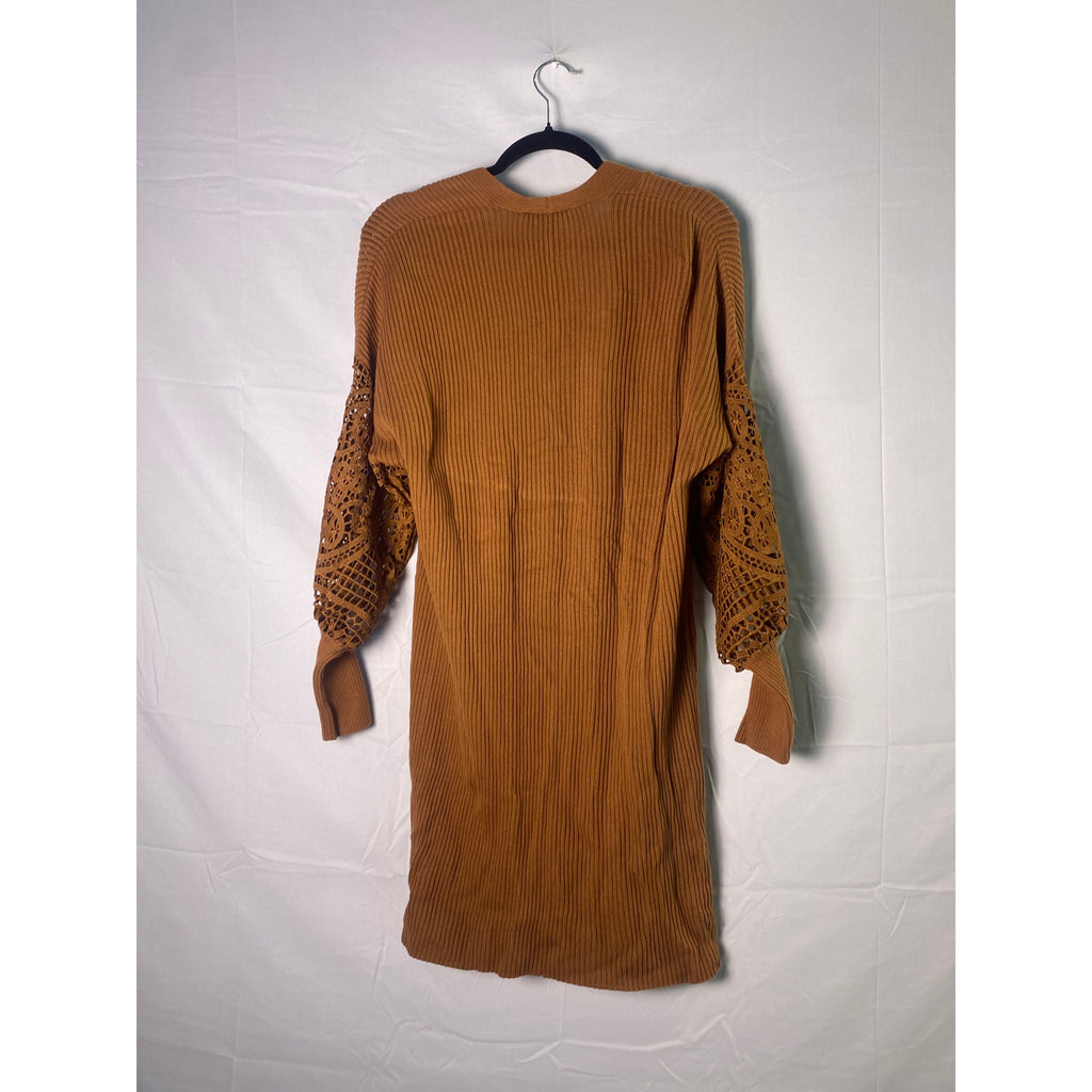Express Brown Floral Crochet Puff Sleeve Open Cardigan Long Sweater Womens Small