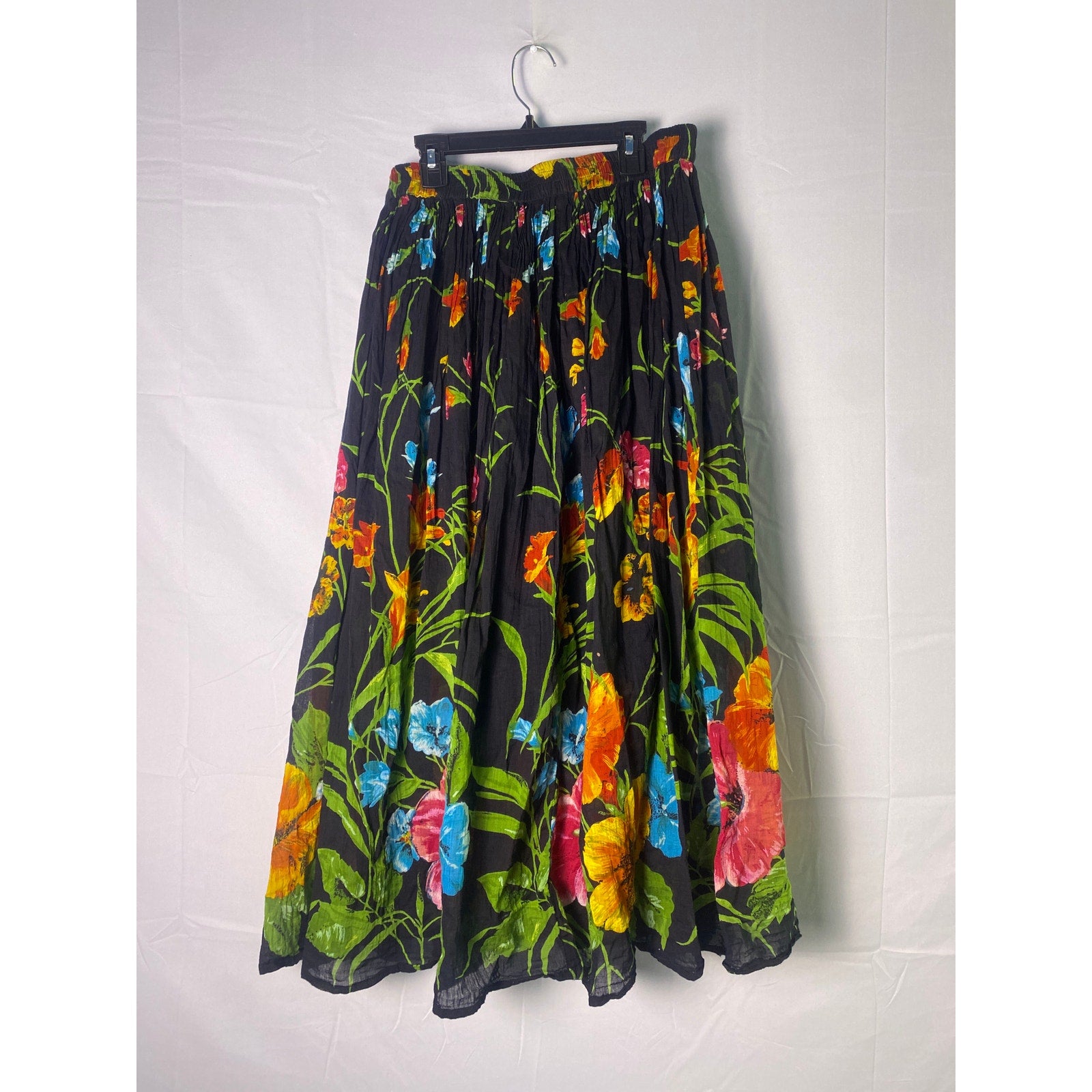 Vintage BFA Black Multicolor Cotton Pleated Maxi Skirt Women's Size Medium