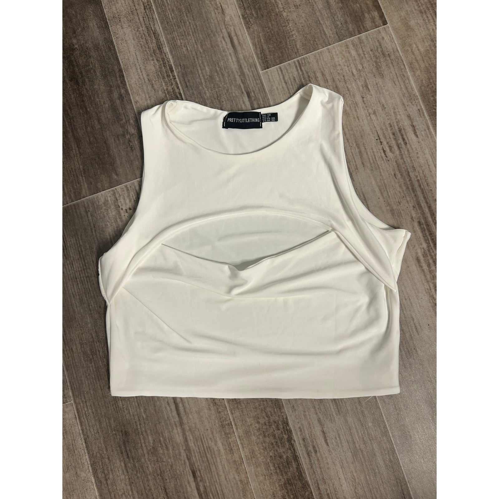 Prettylittlething White Slinky Cut Out Front Crop Top in White Sleeveless Medium