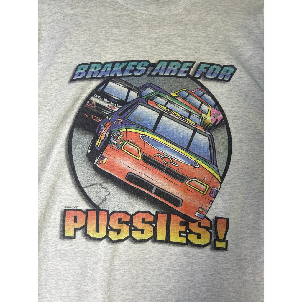 Fruit of the Loom BRAKES ARE FOR PUSSIES! Graphic Print Gray Shirt Mens Size XL