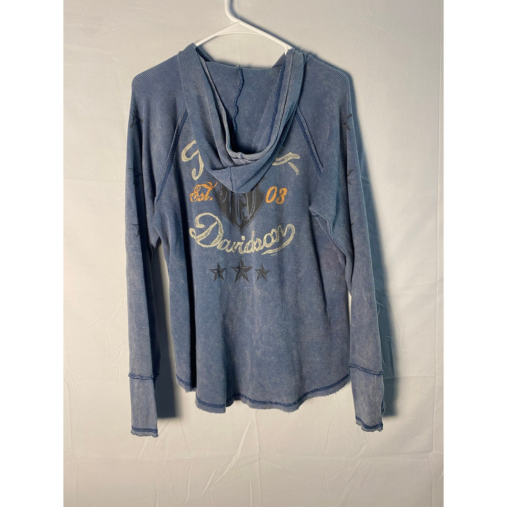 Harley Davidson Blue Thermal Shirt w/ Hoodie Long Sleeve 1/4 Buttons Women's XL