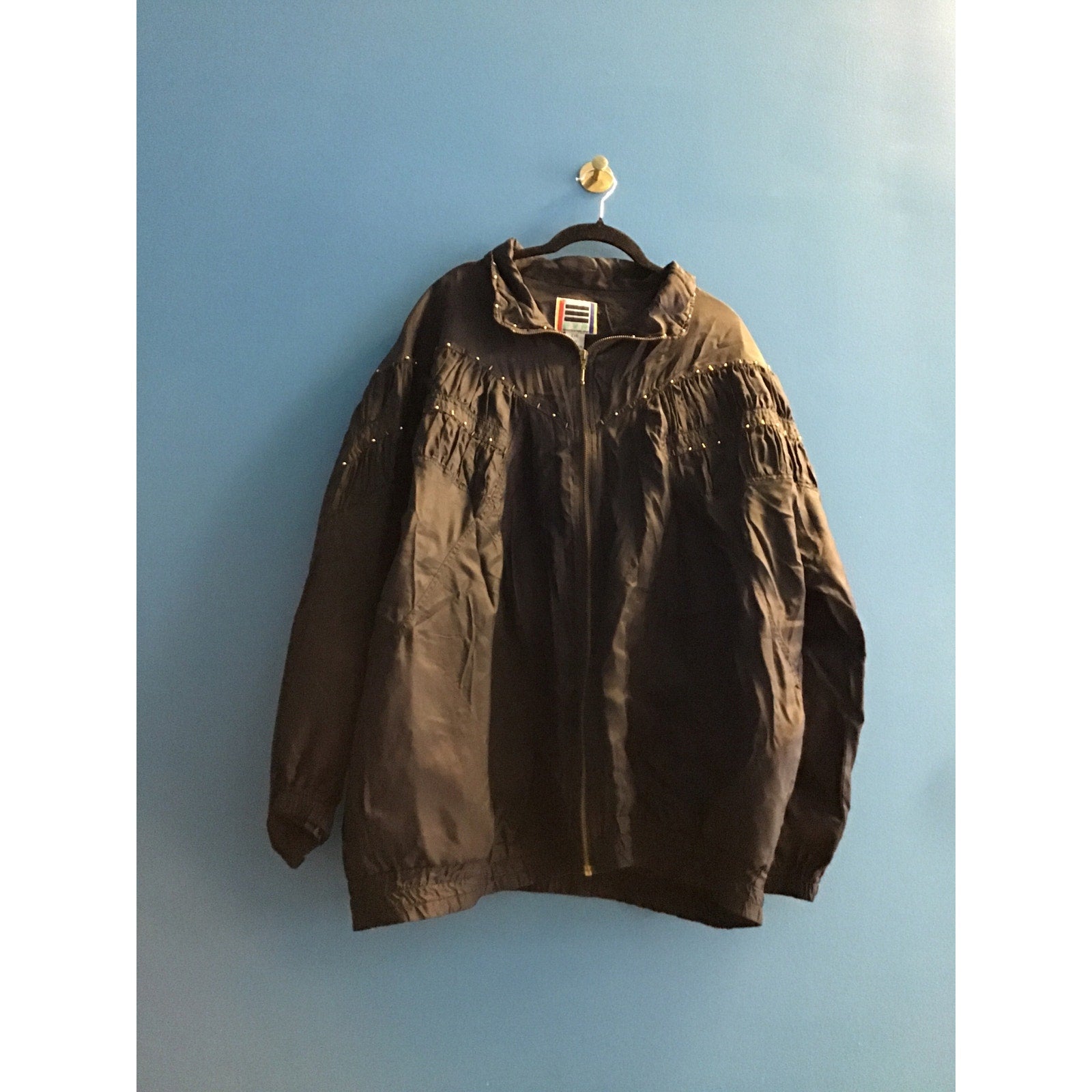 Vintage EVR Black Silk Full Zip Bomber Jacket Front Details Women's Plus Size 1X