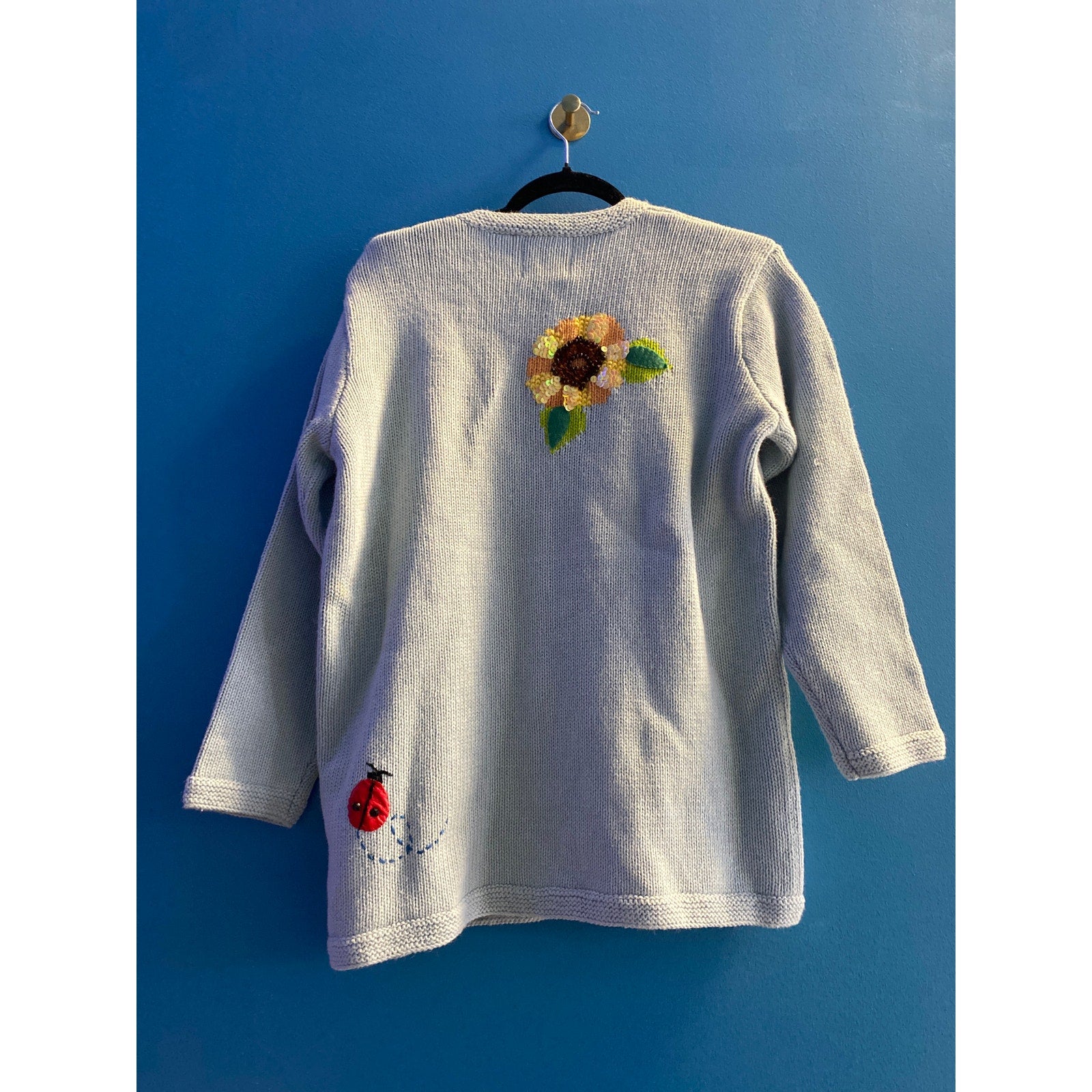 Storybook Knits Blue Button Up Cardigan Sweater w/ Daisies and Red Bugs Medium