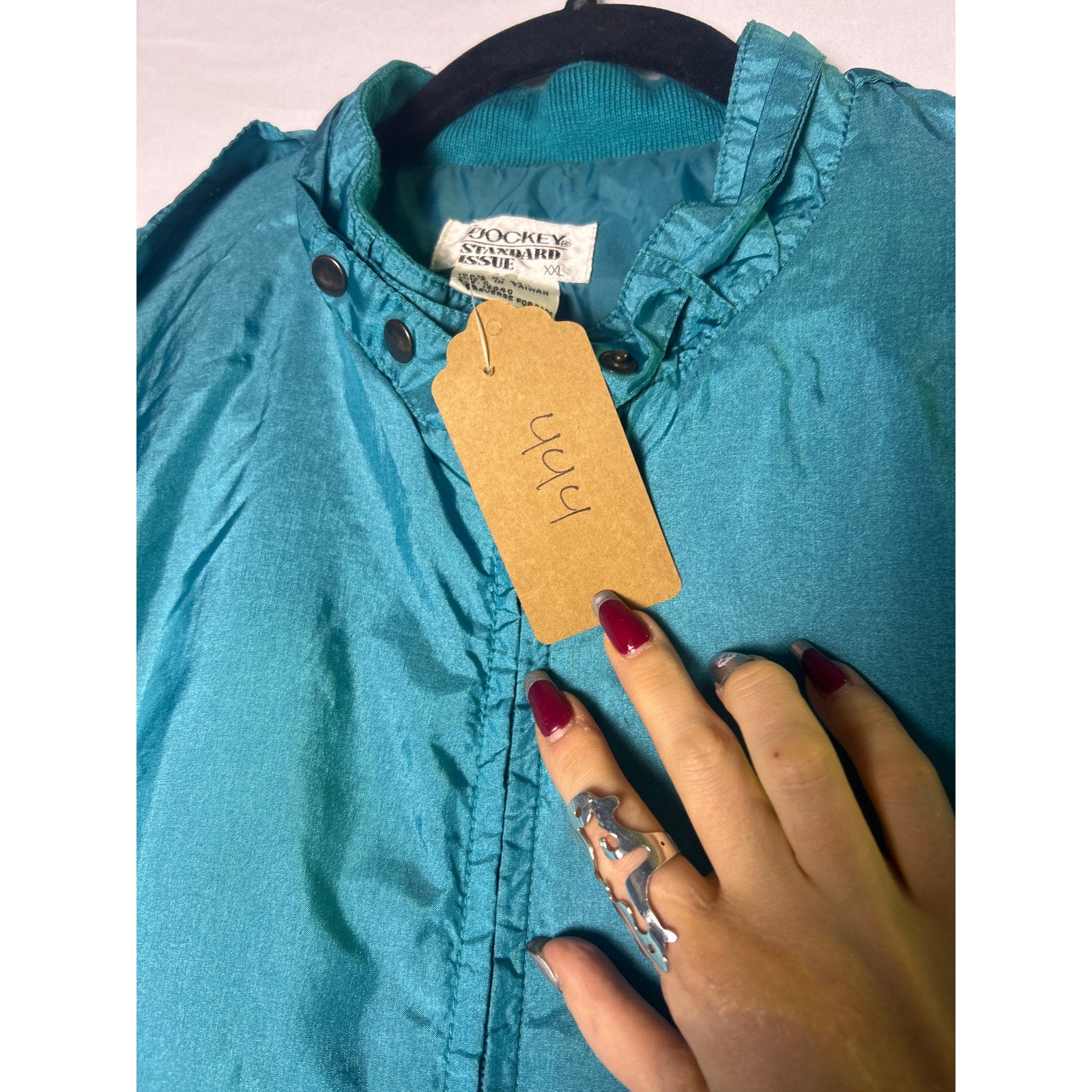 Vintage Jockey Full Zip Teal Windbreaker Jacket Neckline Snap Men's Size XXL