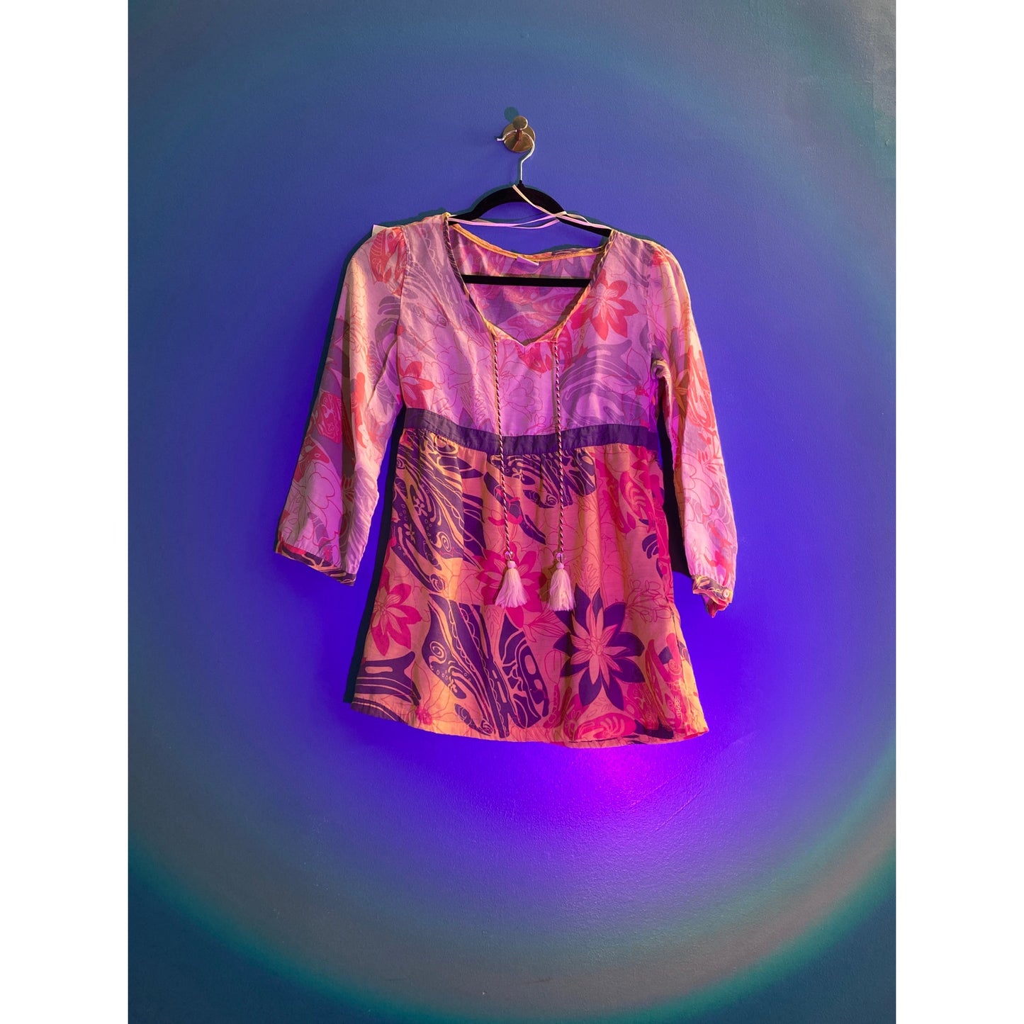 Y2K Esprit Yellow Orange Groovy Floral Cotton Voile Babydoll Top Women's Size 4