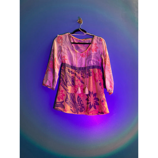 Y2K Esprit Yellow Orange Groovy Floral Cotton Voile Babydoll Top Women's Size 4