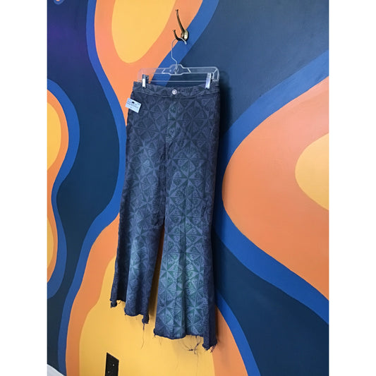 Free People Hand-Dyed Printed Bell Bottom Pants Raw Hem Denim Women's Size 31