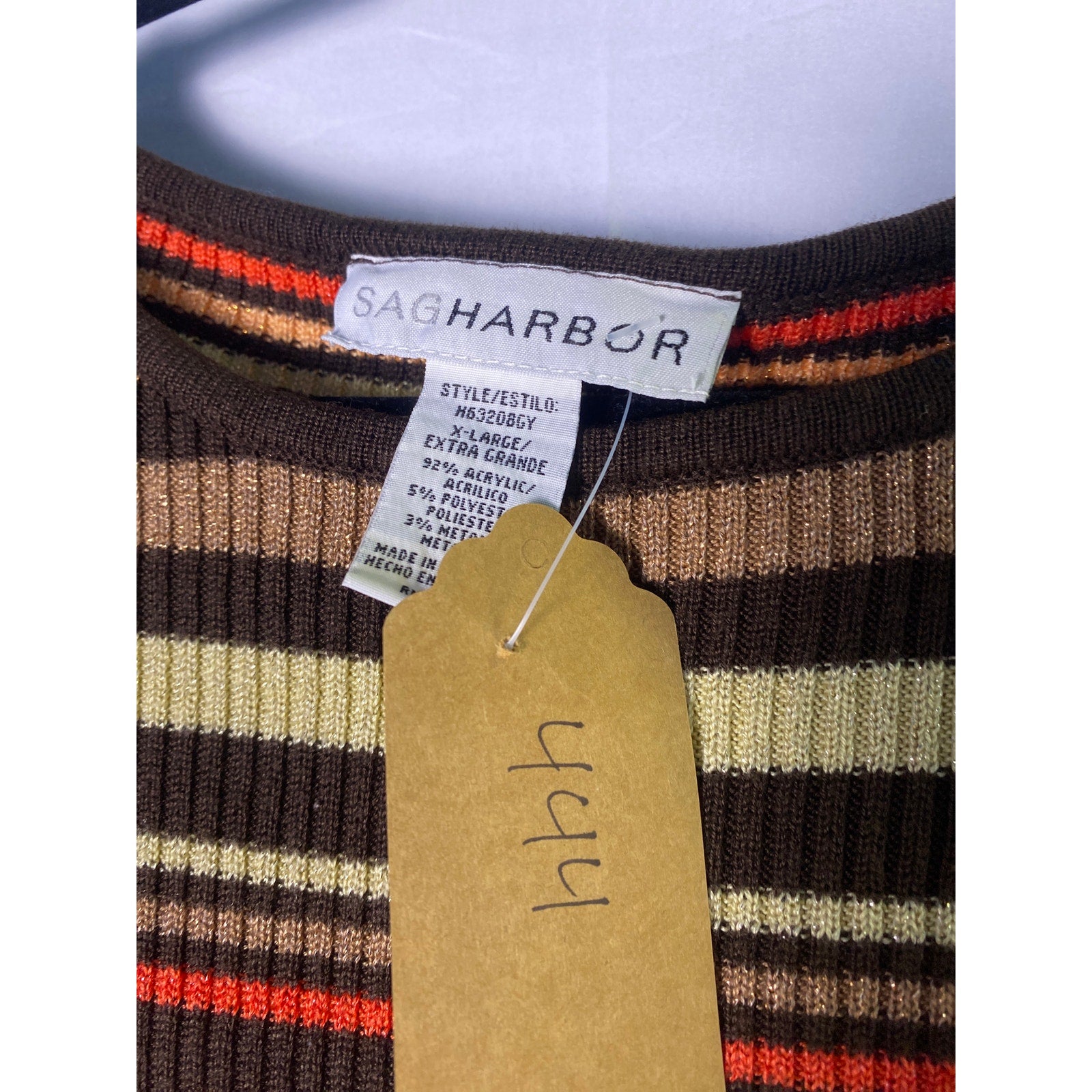 Vintage Sag Harbor Brown Orange Metallic Stripe Short Sleeve Sweater Women's XL
