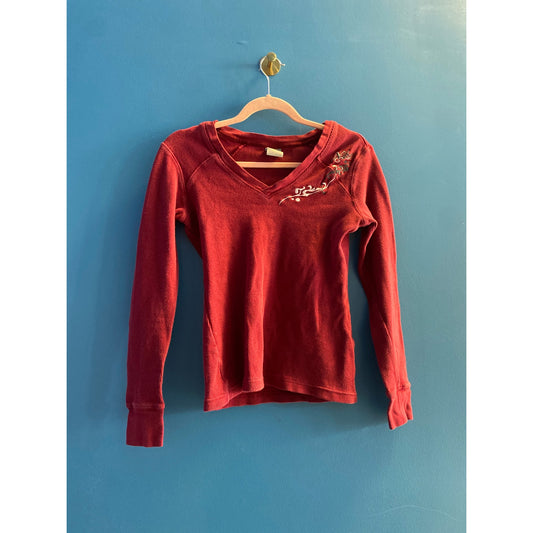 Y2K Nike V-Neck Top w/ Embroidery Floral Red Maroon Long Sleeve Thermal Shirt M
