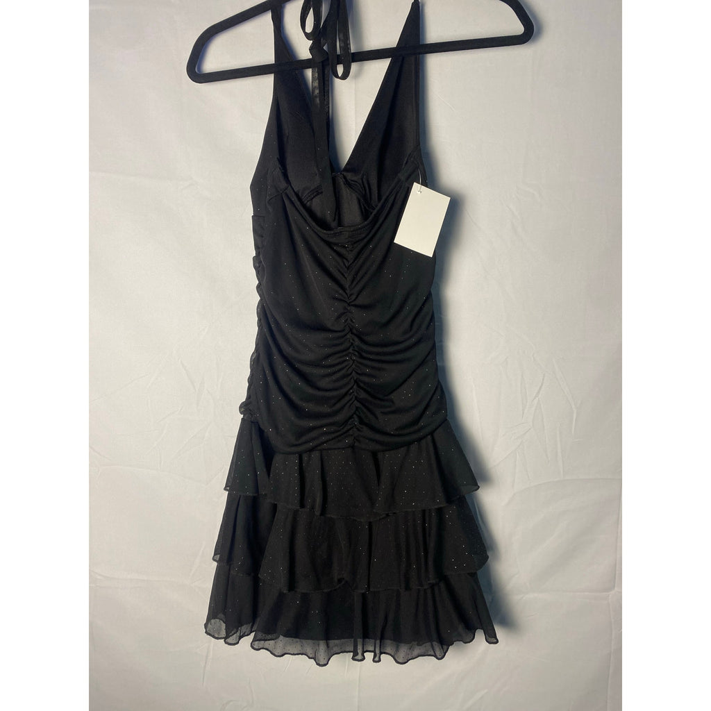 Y2K My Michelle Black Halter Mini Dress w/ Ruched Bodice Tiered Ruffled Skirt M
