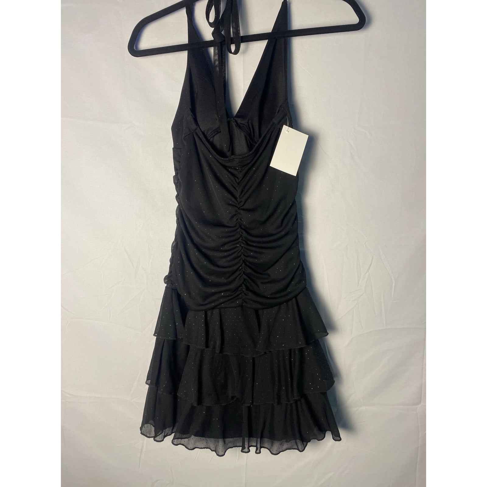 Y2K My Michelle Black Halter Mini Dress w/ Ruched Bodice Tiered Ruffled Skirt M