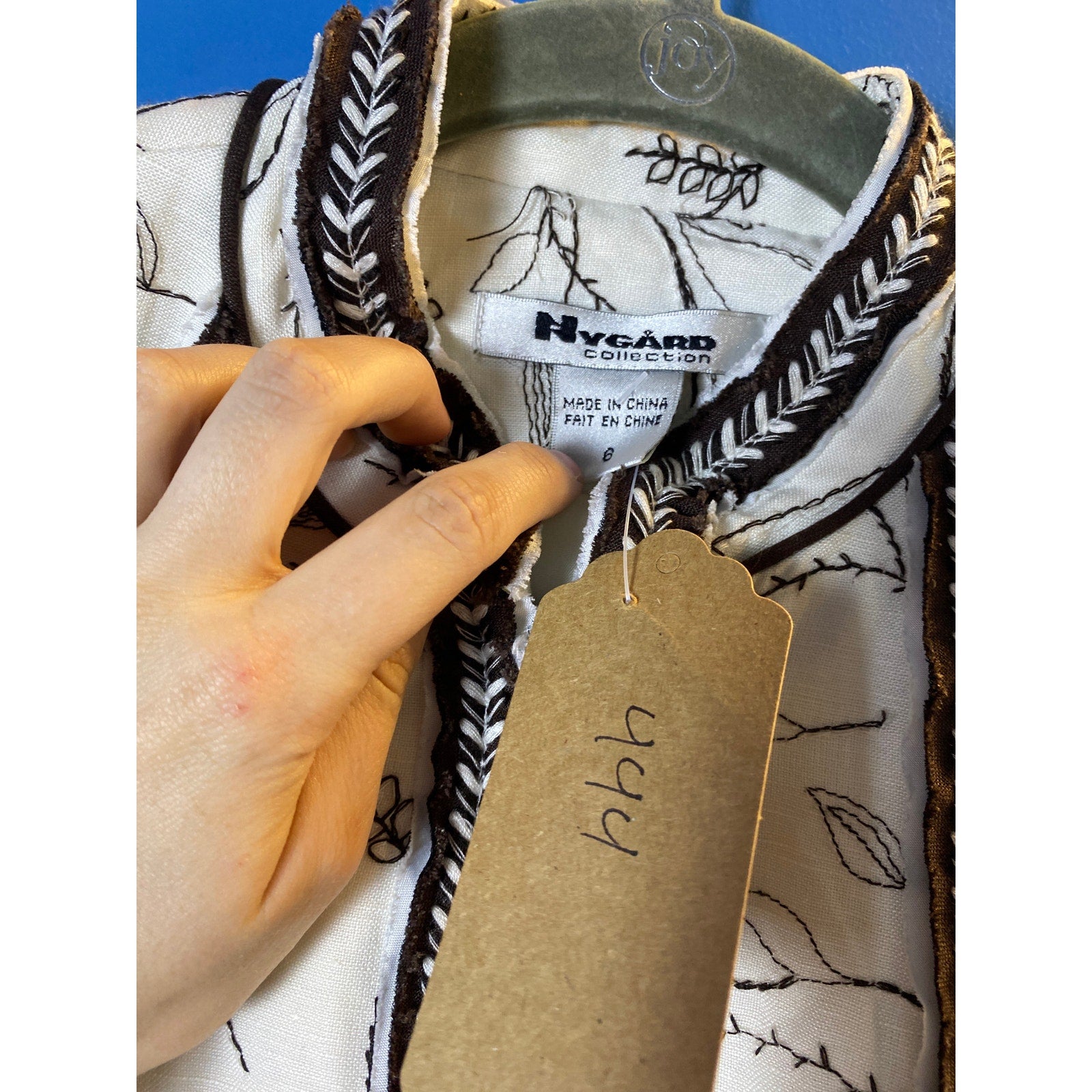 Nygard Collection White Brown Embroidered Full Zip Blazer Jacket Women's Small