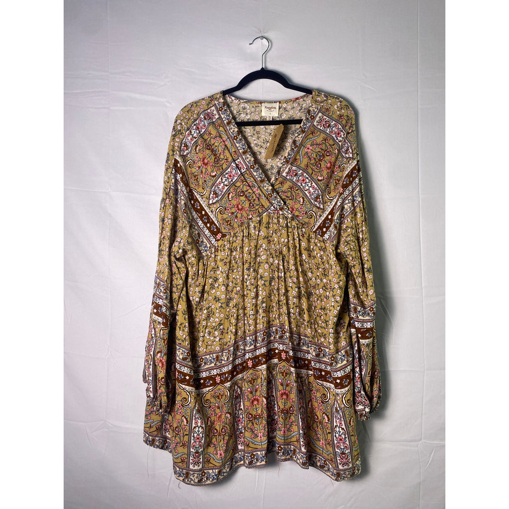 Hayden Los Angeles Tan Floral Flowy Boho Peasant Blouse Top Women's Plus 1XL