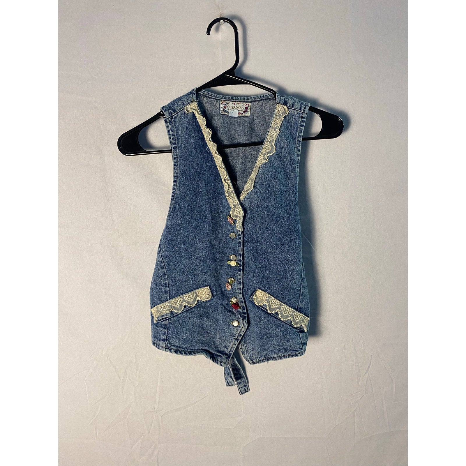 Vintage 90s Cherokee Blue Denim Button Vest Jacket Floral Lace Women's Small
