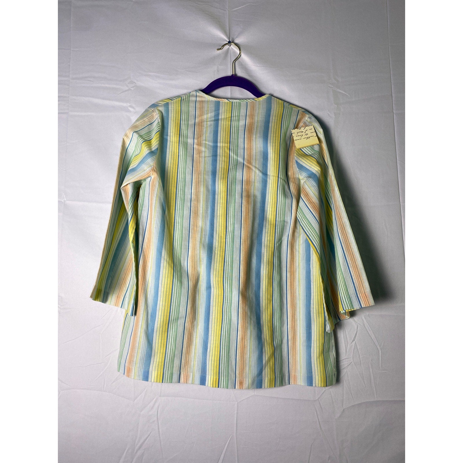 Vintage 70s Green Pastel Striped Cotton Blend V-Neck Hippie Long Sleeve Top L/XL