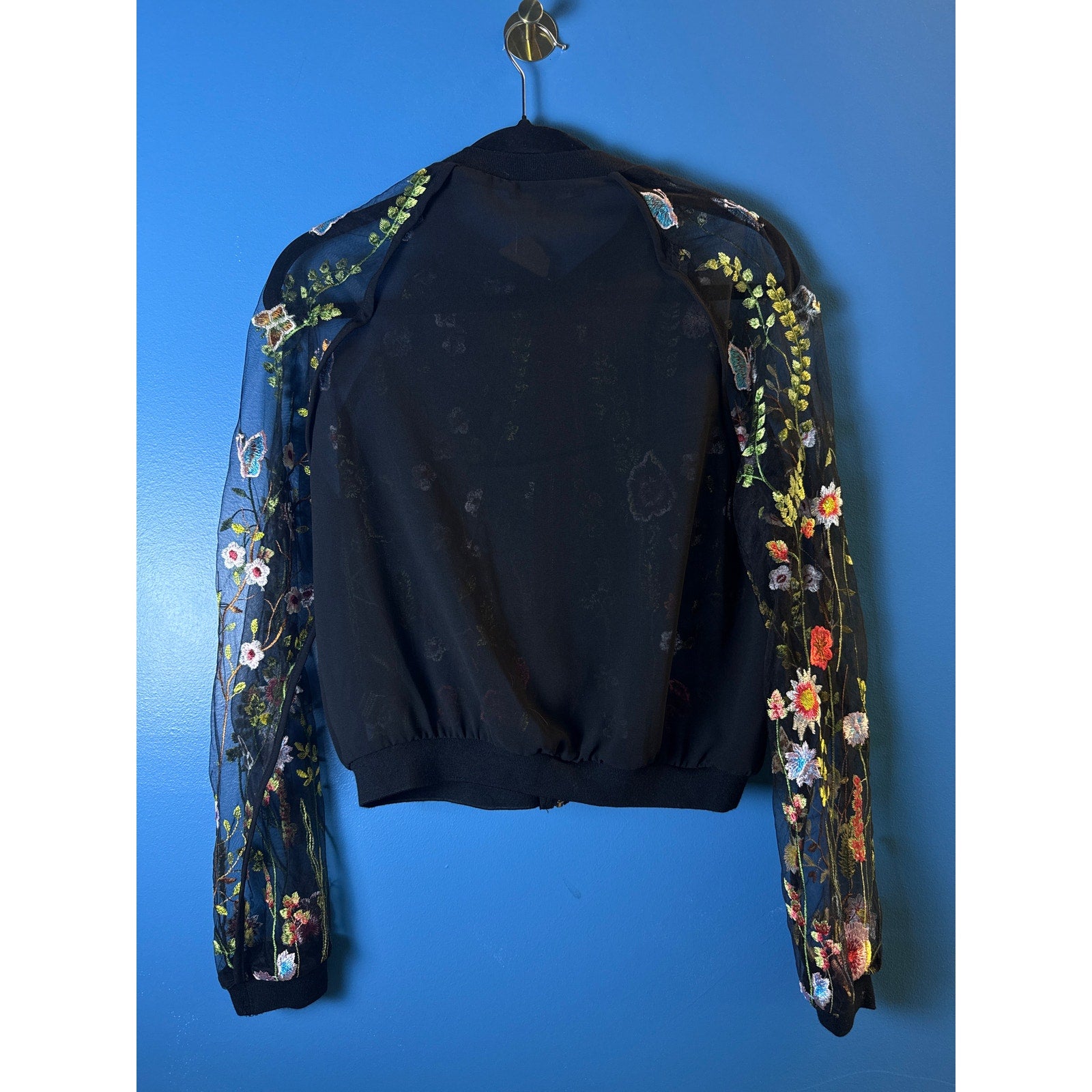 Jealous Tomato Floral Embroidered Sheer Bomber Jacket Black Full Zip Medium