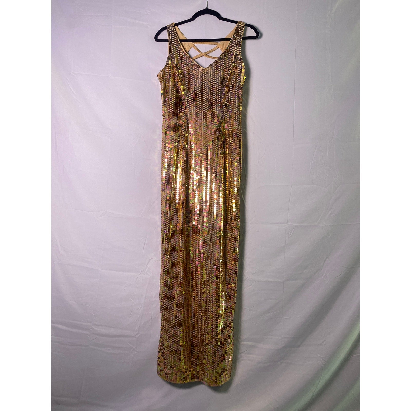 Vintage Robert Anthony Sequin Long Dress Criss-cross Back Sleeveless Women's 8