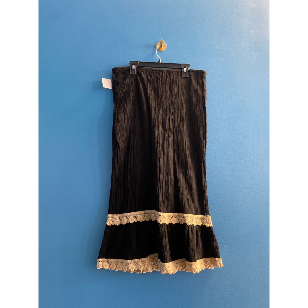 Y2K Wet Seal Black Crinkle Cotton Midi Skirt Floral Lace Crochet Trim Womens S