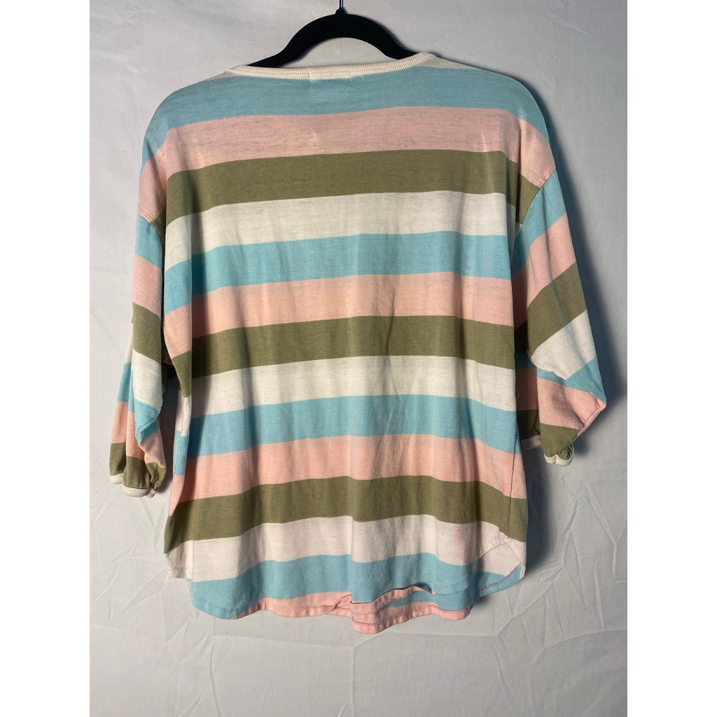 Vintage 80s 62 East Pastel Multicolor Striped Dolman Sleeve Henley Shirt Medium