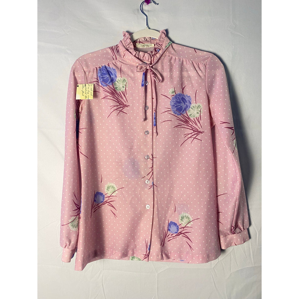 Vintage 70s Alfred Dunner Purple Blue Floral Polka Dot Poly Knit Blouse Medium