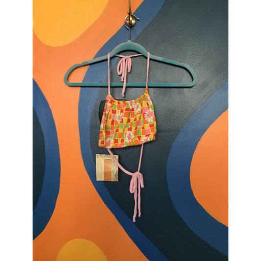 Hamade Halter Crop Top Vintage 60s Cotton Printed Groovy Floral Squares XS-M