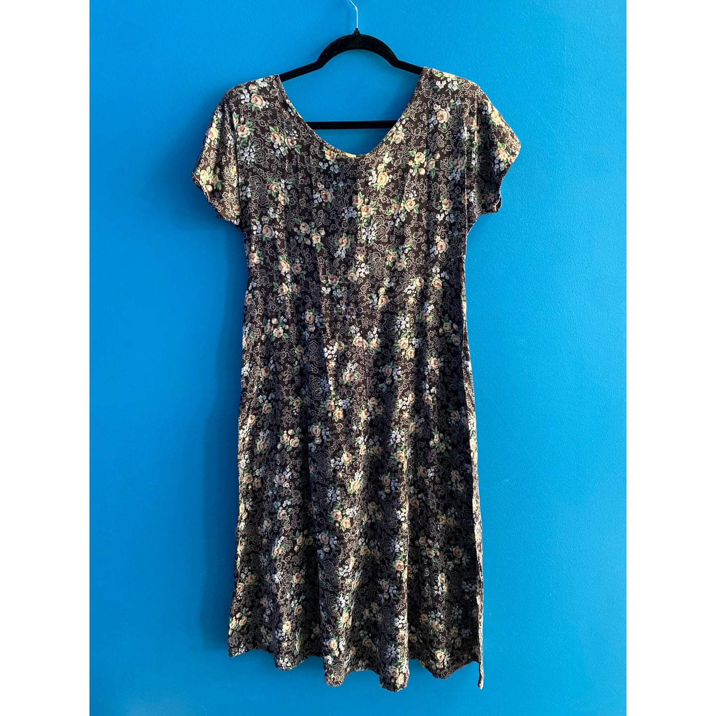 90's Brown Floral Dress w/ Clip Short Sleeve Multicolor Dress Women's Size XS/S