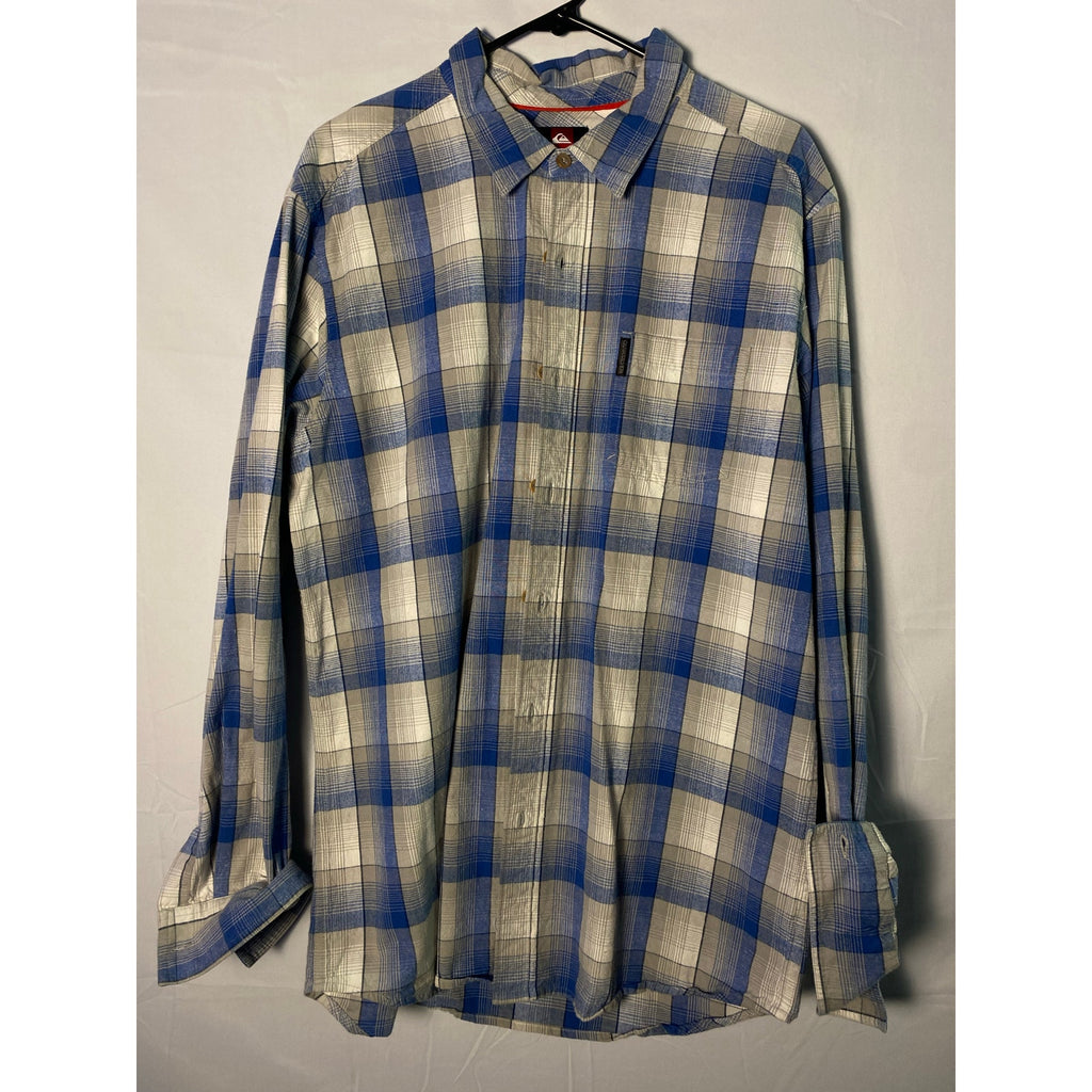 Vintage Quiksilver Blue White Plaid Button Up Long Sleeve Shirt Men's Size XL