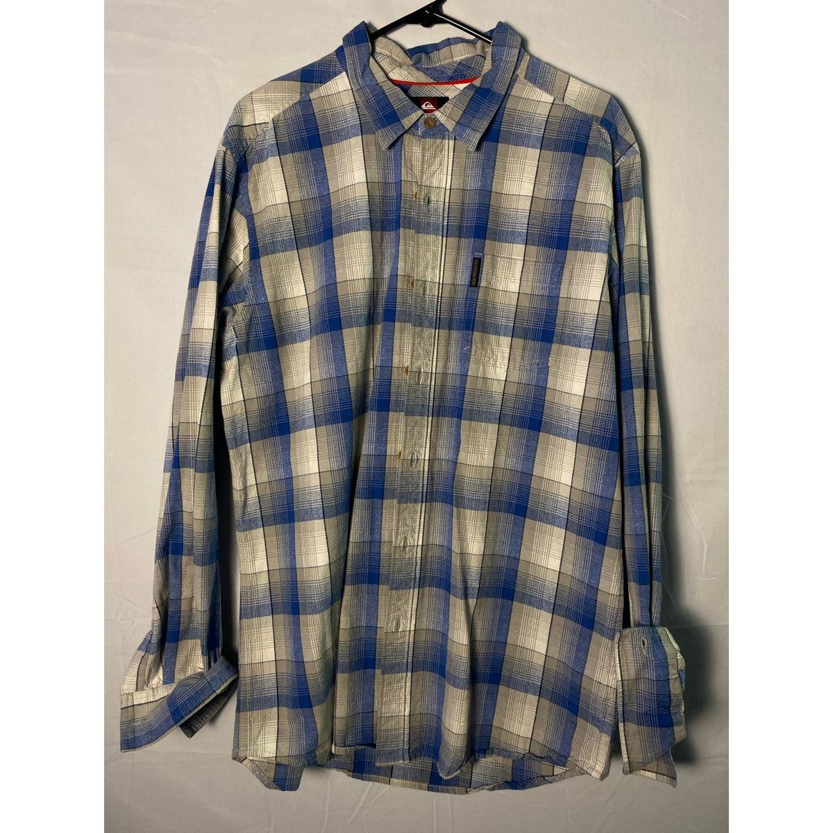 Vintage Quiksilver Blue White Plaid Button Up Long Sleeve Shirt Men's Size XL