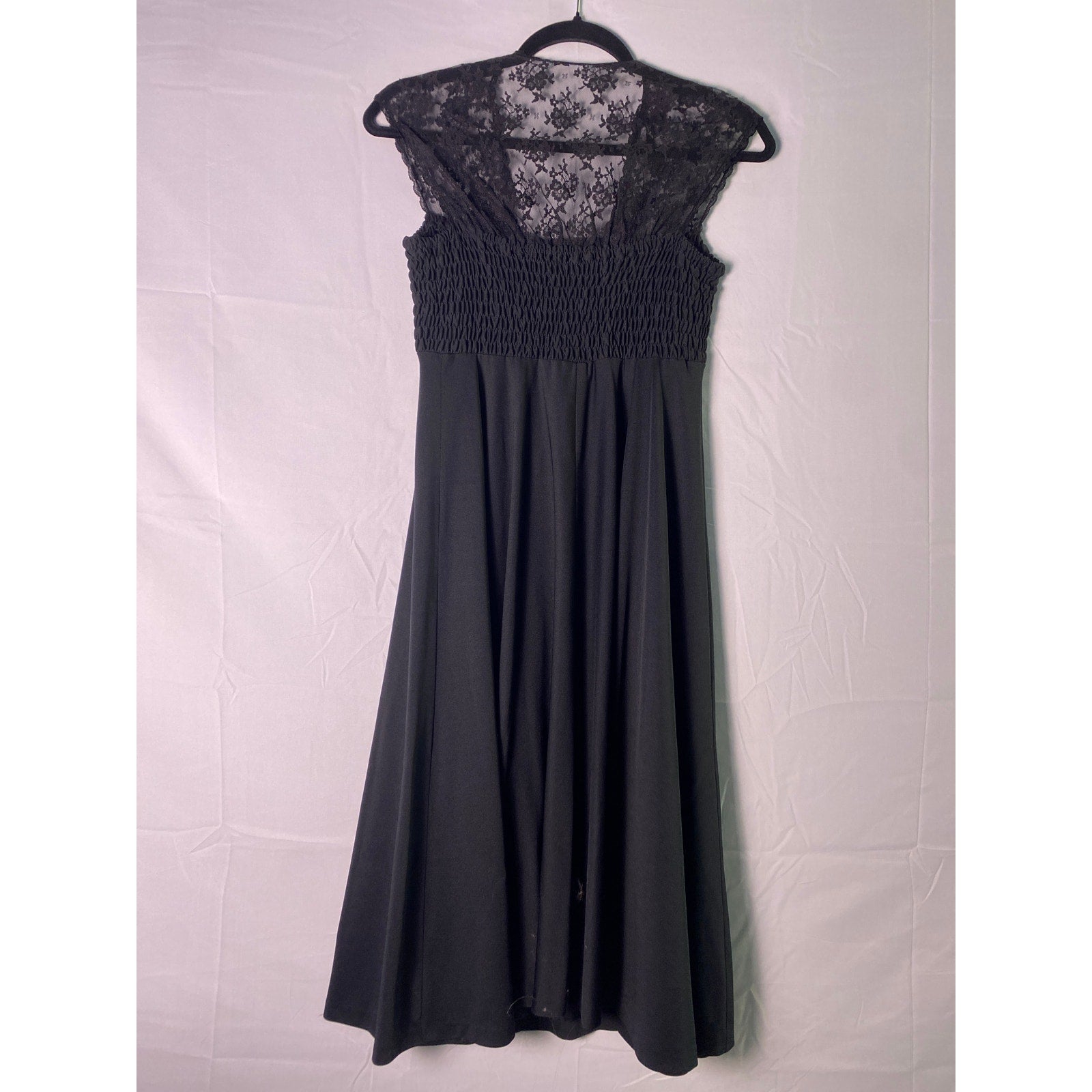 70s Jody T of California Black Floral Lace Ruched Corset Smocked Lave Up Dress