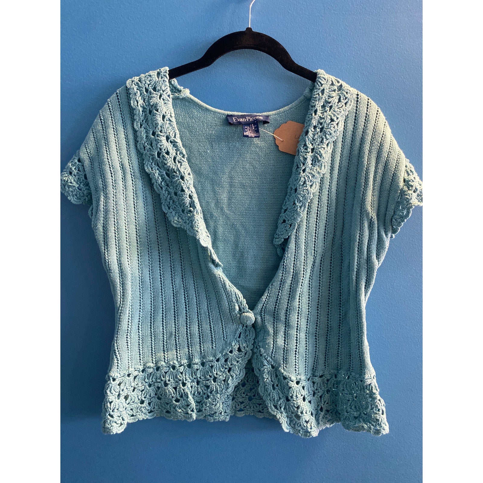 Vintage Evan Picone Blue One Button Knit Cardigan Sweater Crochet Women's Small