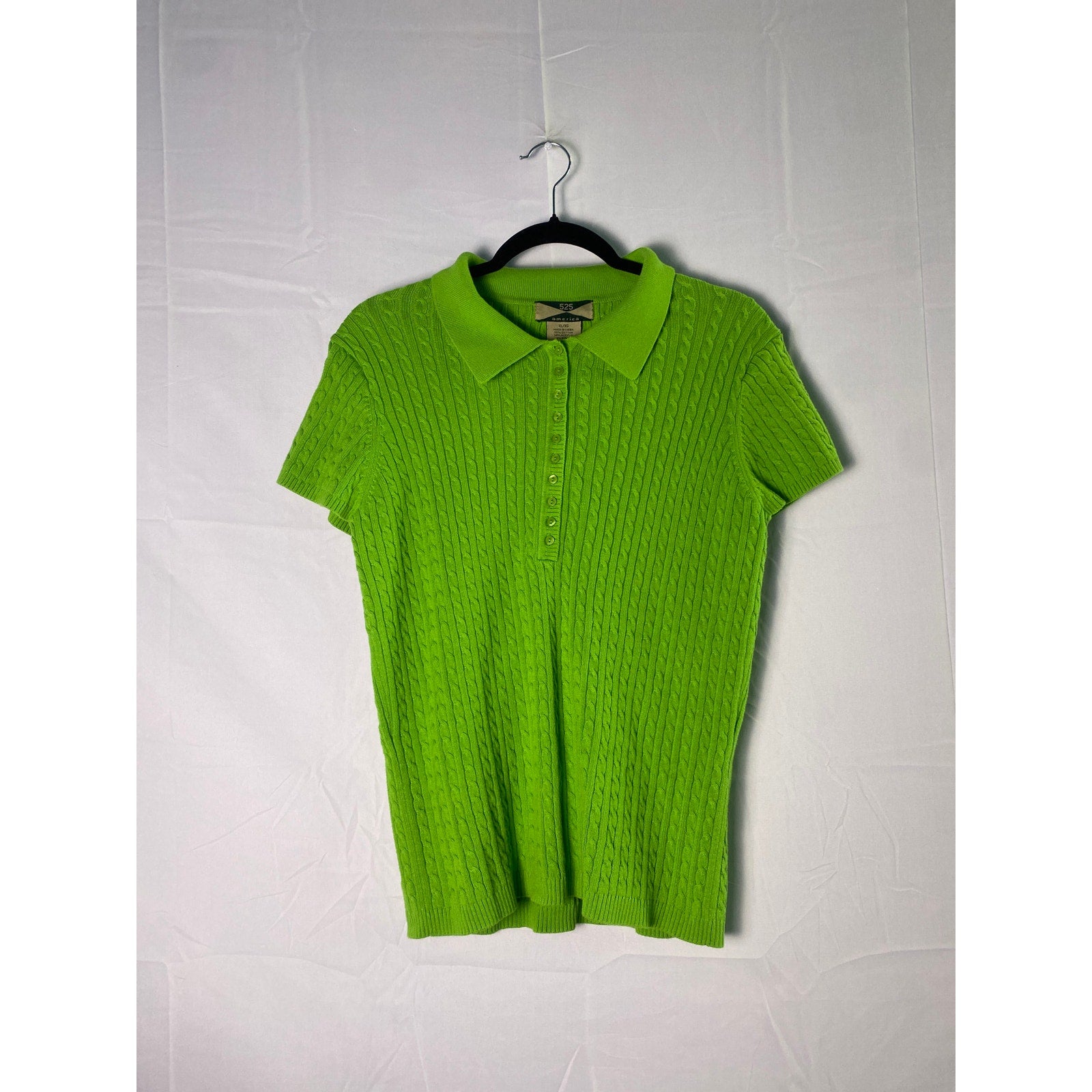 525 America Key Lime Green Cable Knit Collared Sweater Polo Shirt Womens Size XL