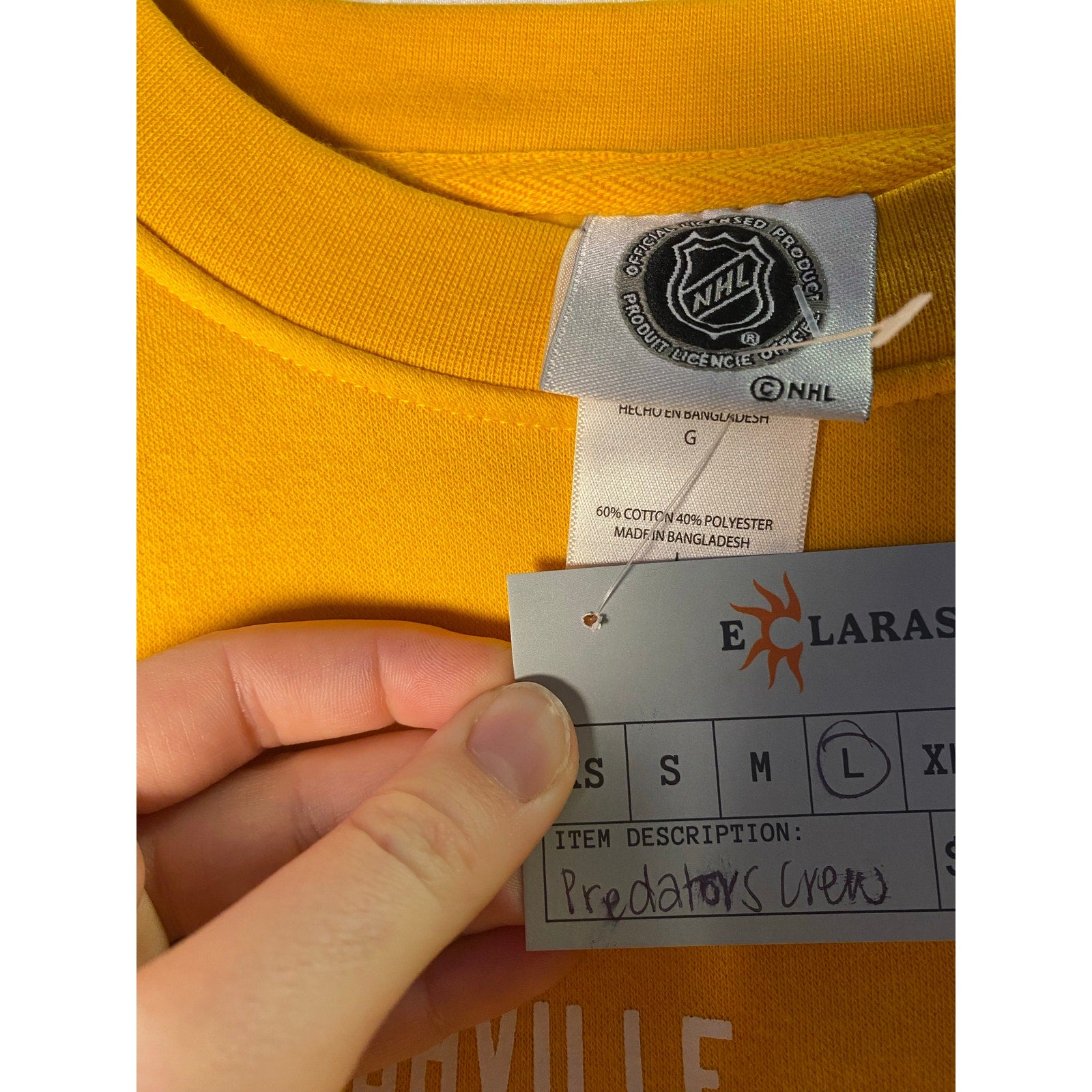 NHL NASHVILLE Predators Graphic Print Yellow Crewneck Sweatshirt Men's Large