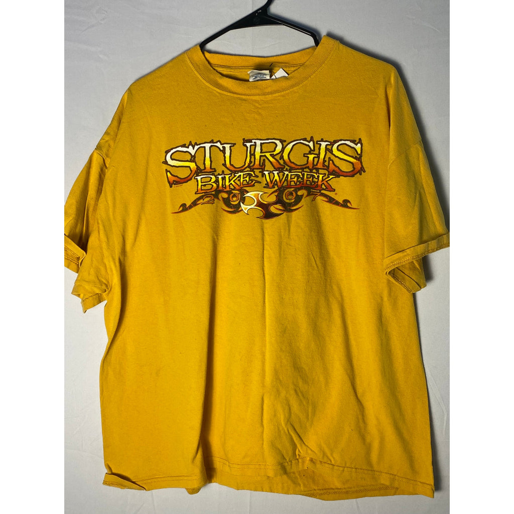 Y2K Sturgis Bike Week 2007 Graphic Print Yellow Crewneck Shirt Men's Size XL