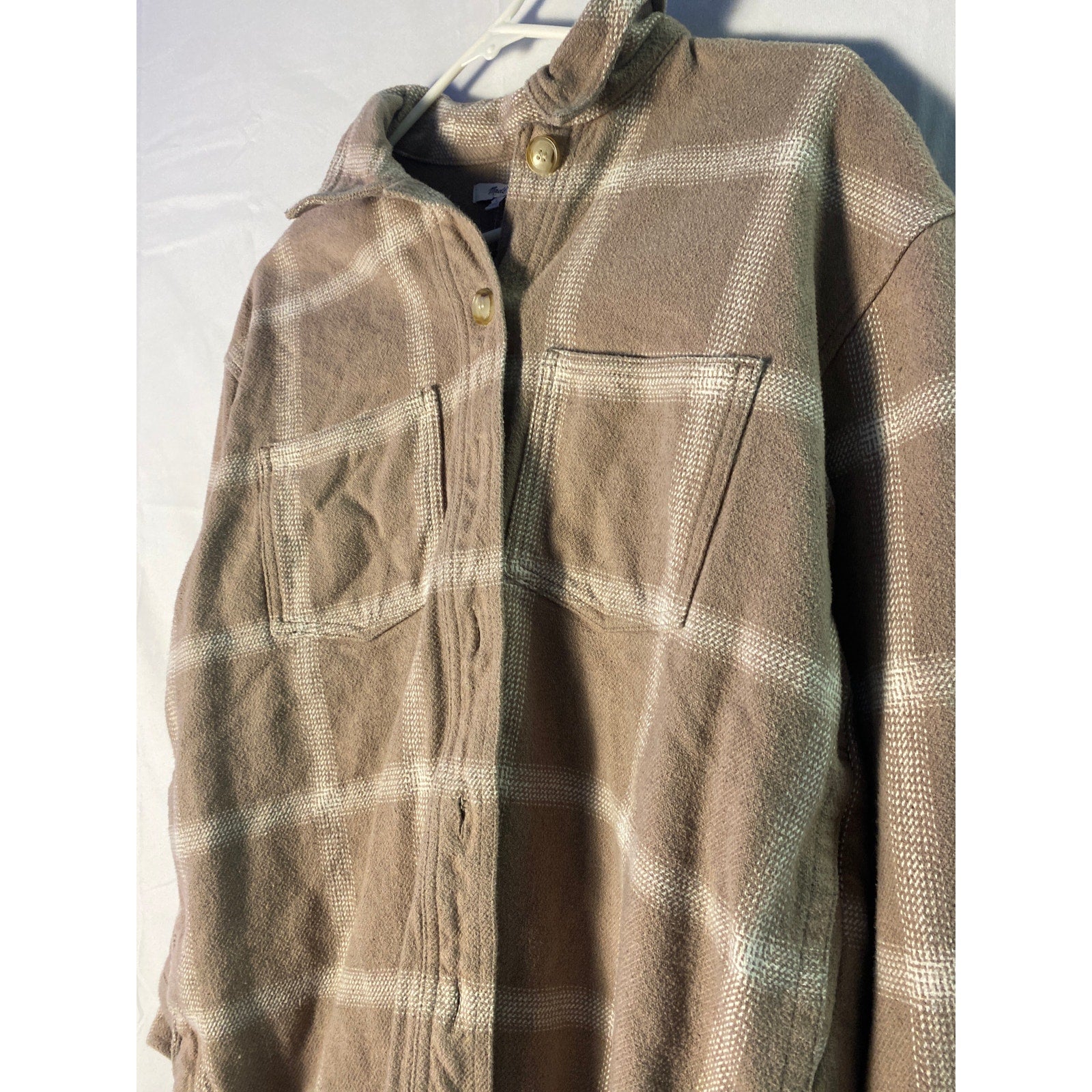 Flannel Kentwood Oversized Shirt-Jacket Windowpane Beige Plaid Heavyweight MEDIUM