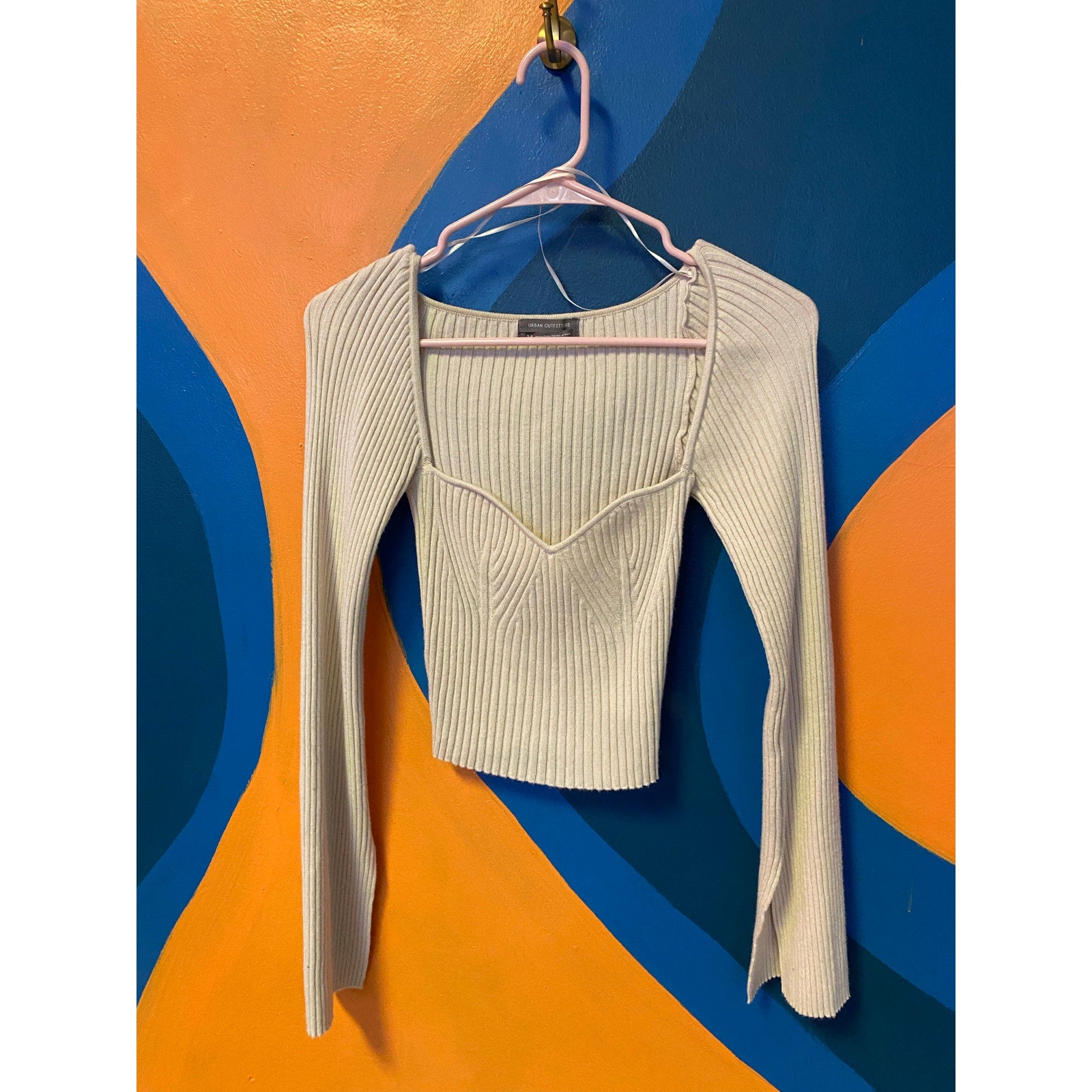 Urban Outfitters Tan Long Sleeve Off Shoulder Rib Crop Top Women's Size S-P
