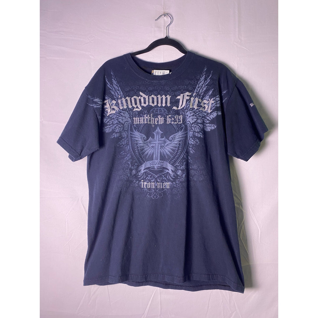 Gildan Kingdom First Matthew 6:33 Verse Angel Wings Tee Blue Shirt Men's Large