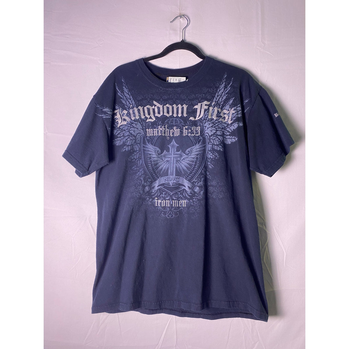 Gildan Kingdom First Matthew 6:33 Verse Angel Wings Tee Blue Shirt Men's Large