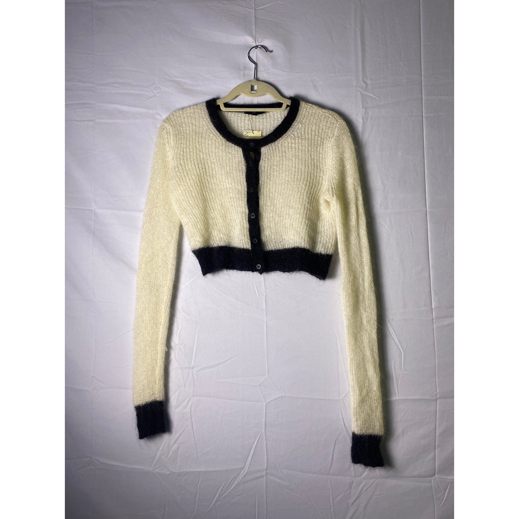 Cue Knit Cream Black Mohair Wool Nylon Blend Cropped Cardigan Sweater Medium