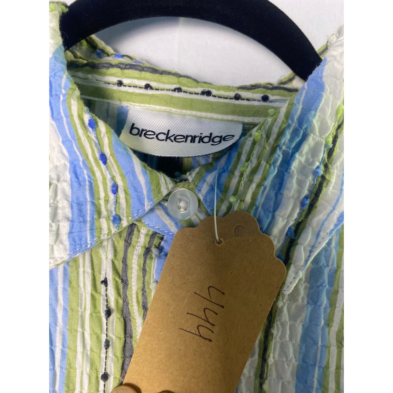 Breckenridge Green & Blue Striped Button Up 3/4 Sleeve Blouse Women's Size Large