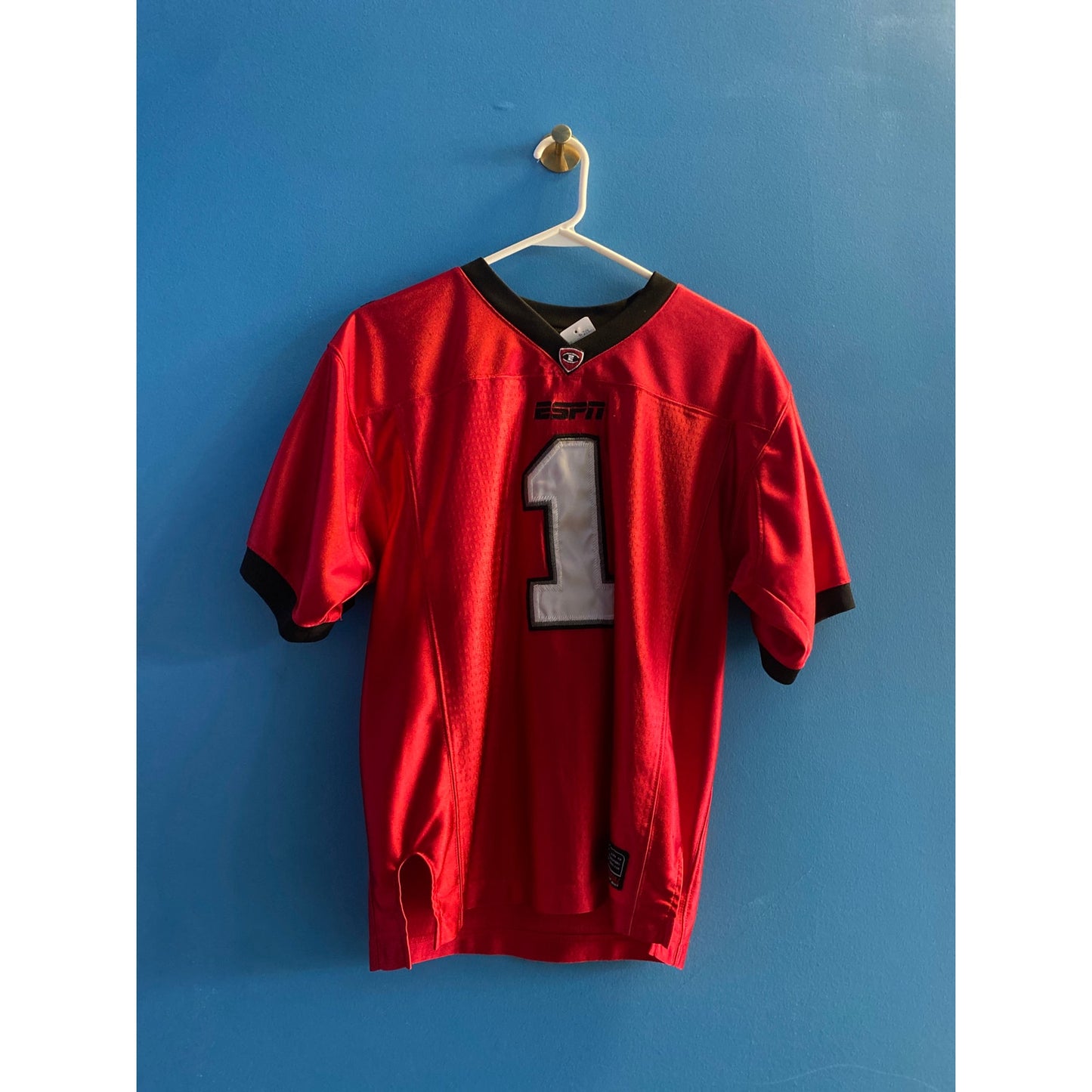 ESPN Football #1 Red Black V-neck Embroidered Jersey Youth XL or Adult S/M