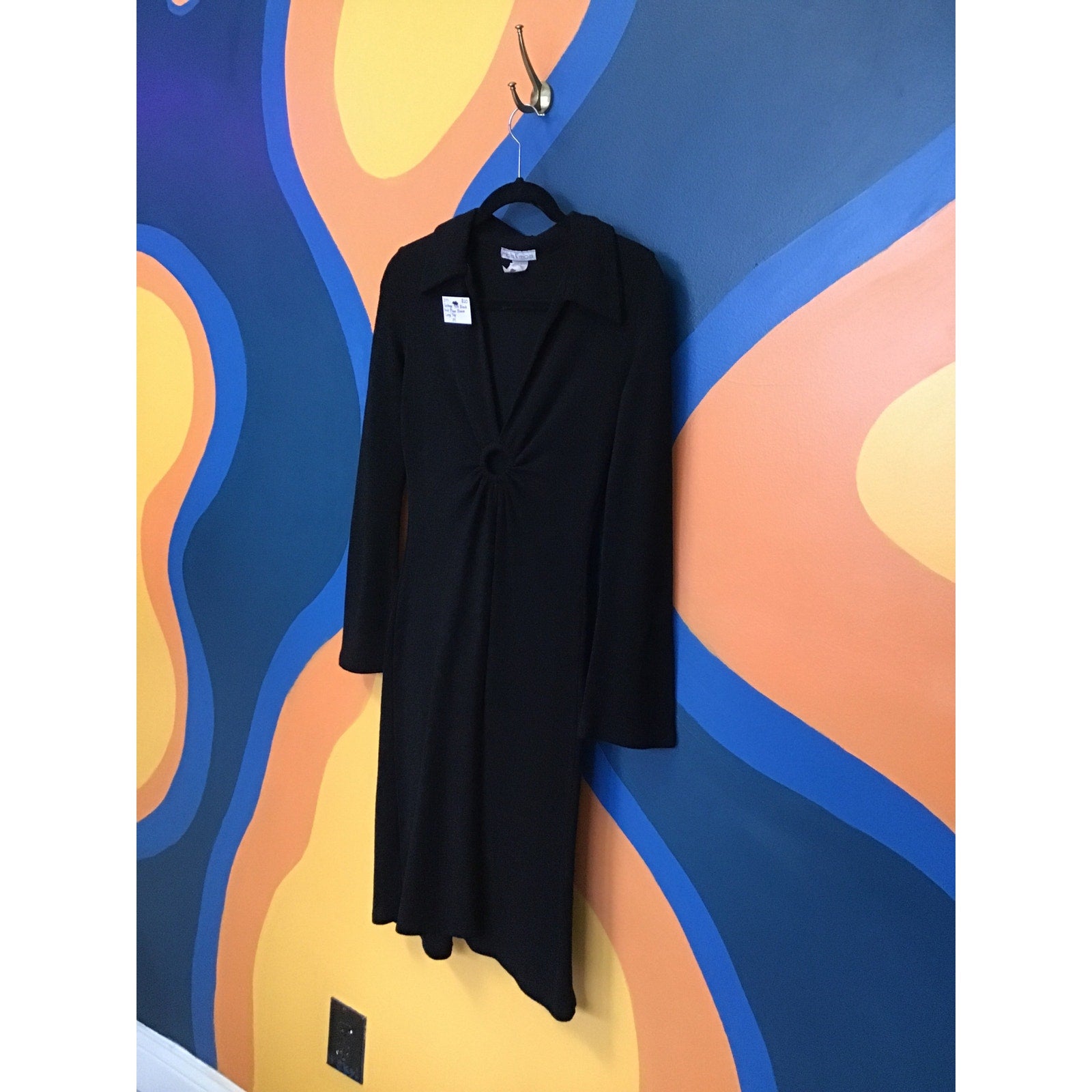 Moa Moa Vintage 90s Black V-neck Knit Flared Sleeve Long Top Womens Size Medium