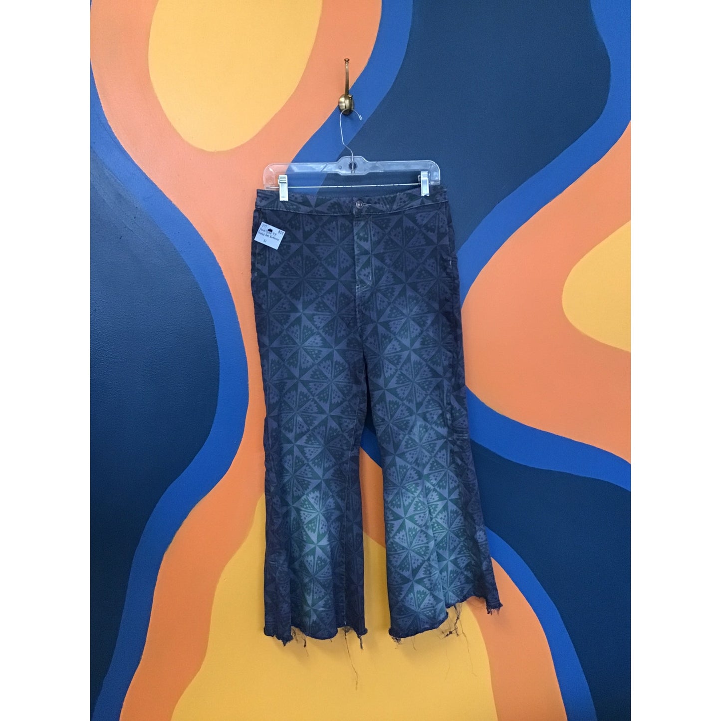 Free People Hand-Dyed Printed Bell Bottom Pants Raw Hem Denim Women's Size 31
