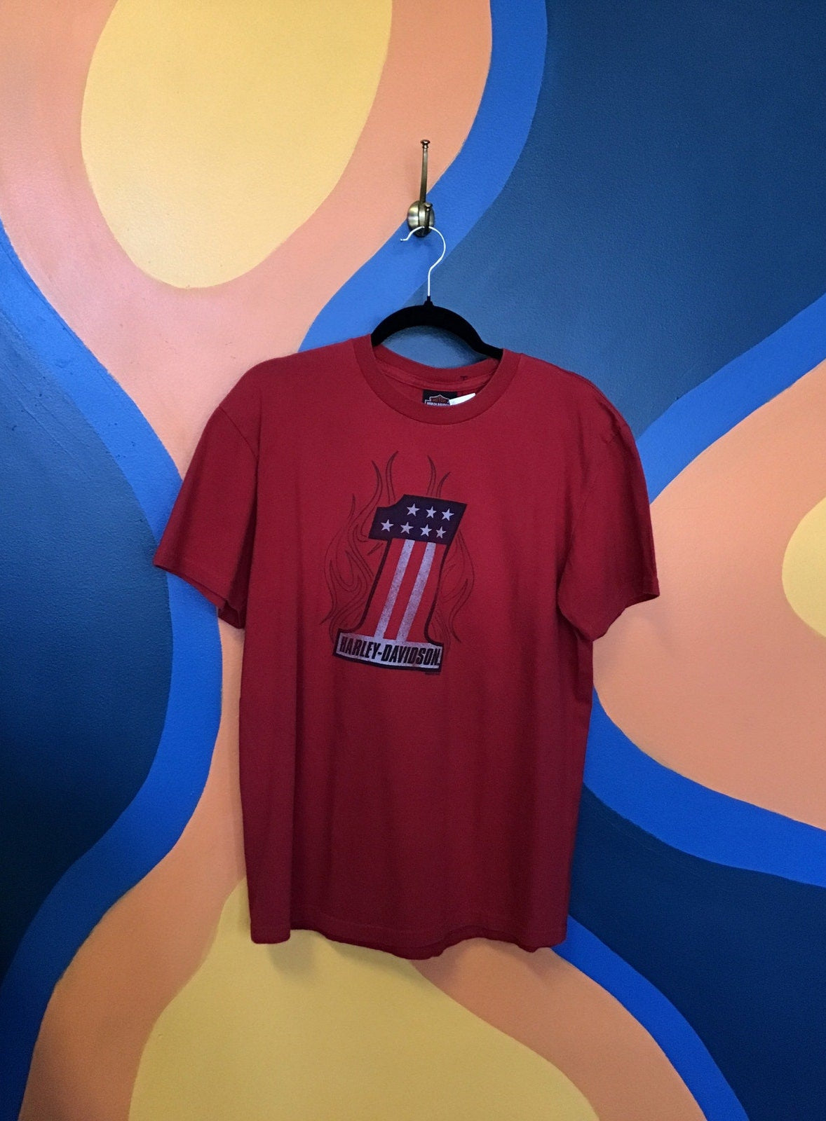 Harley Davidson #1 US Flag INDYWEST Plainfield, Indiana Print Red Shirt Men's L