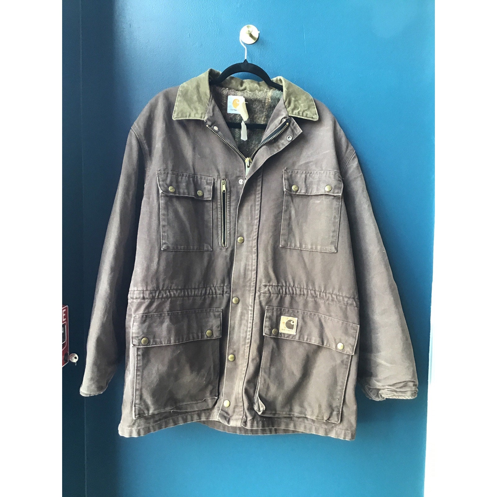 Vintage Carhartt Jacket Wool Lined Green Flannel Trench Coat Jacket Men's Large
