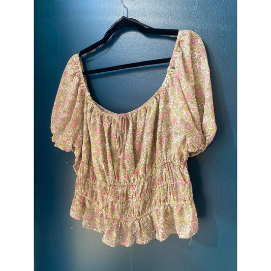 Forever 21 Pink Multi Floral Woven Crop Top Short Sleeve Women's Plus 1X NWT