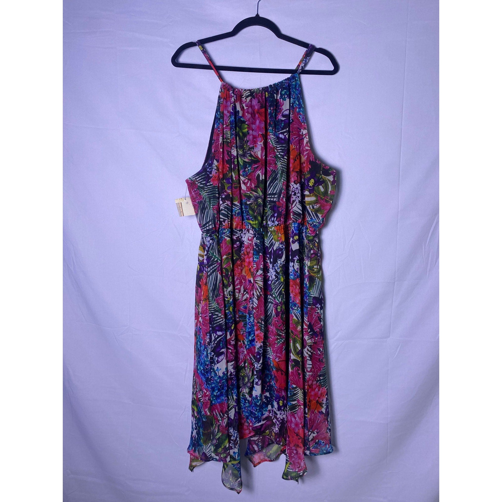 Tropical Chiffon Halter Dress with Asymmetrical Hem