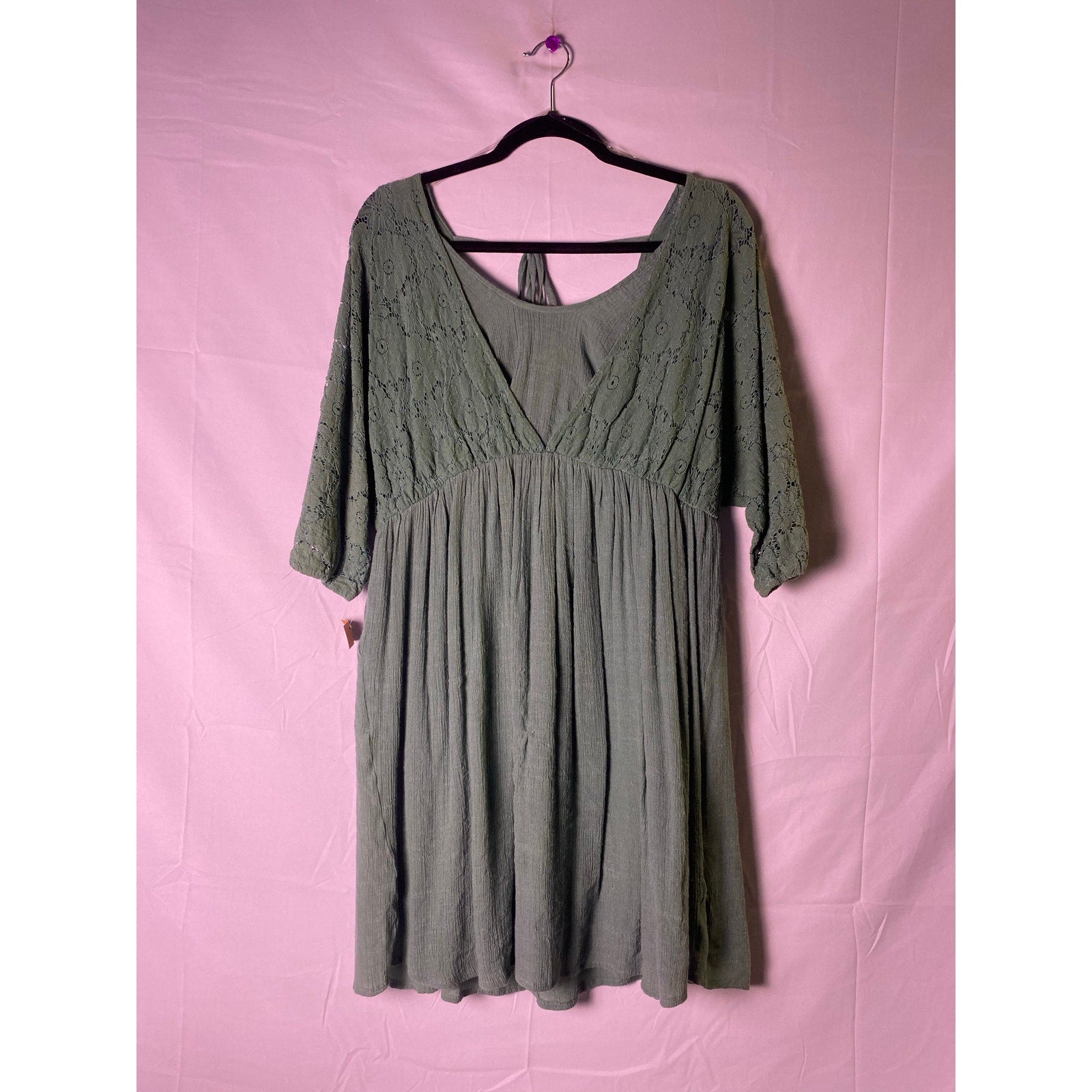 Green Floral Lace 3/4 Sleeve V-neck Babydoll Mini Dress Women's Size Medium