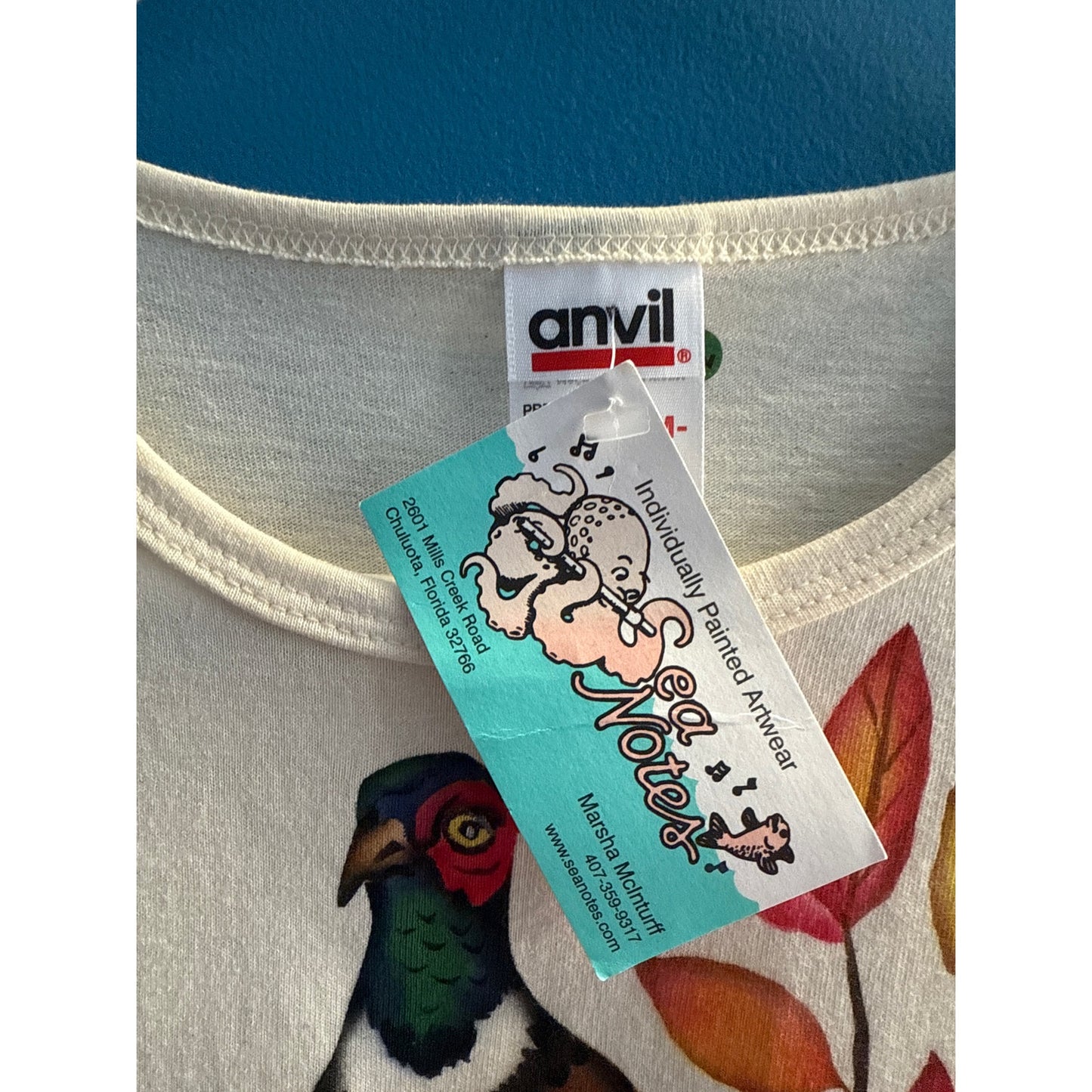 Anvil Pheasant Leaves Floral Painted White Shirt Women's Size Medium