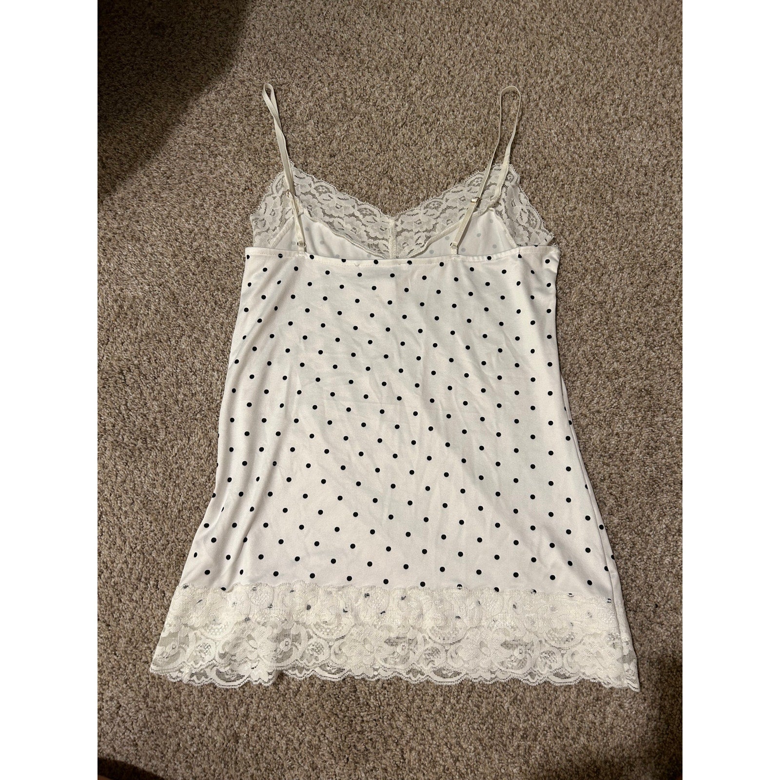 Vintage White House Black Market Black Polka Dot White Floral Lace Top Womens M