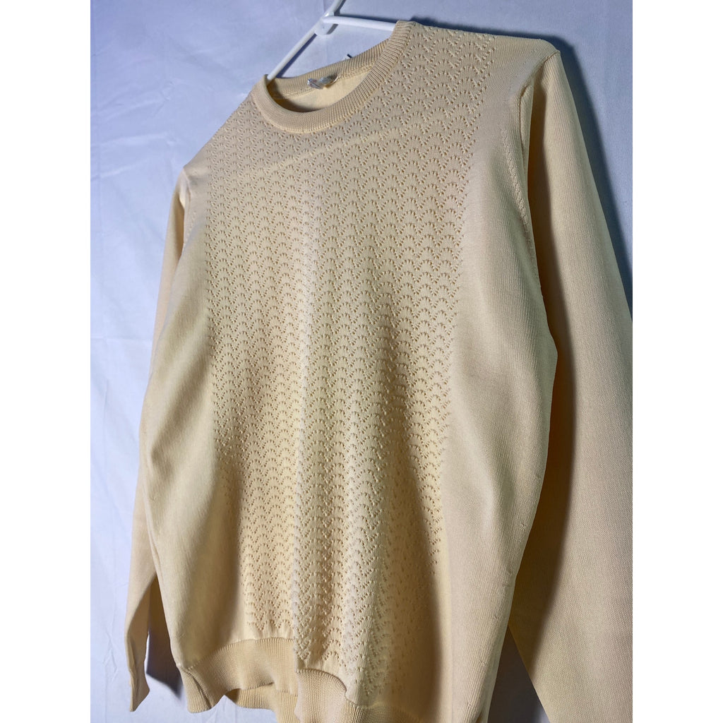 Vintage 70-80s Pointelle Cream Poly-Knit Sweater Crewneck Pullover Womens Medium
